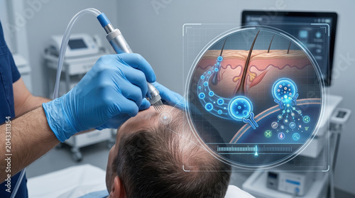 Exosome therapy application clinical setting medical procedure hair restoration close-up view advanced concept