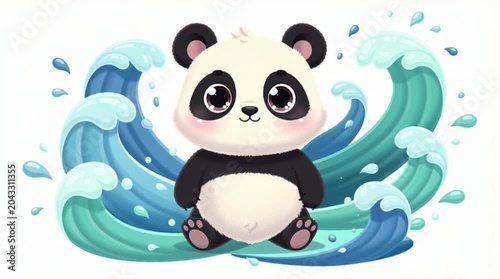 A cute panda bear swimming in splashing blue water.