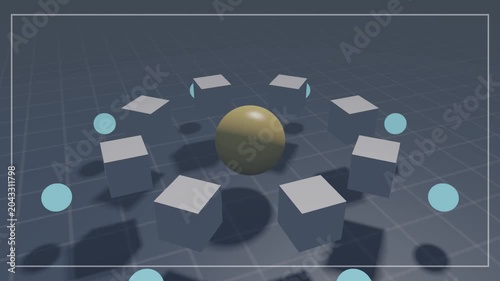 A golden sphere surrounded by rotating cubes and light blue spheres in a seamless loop