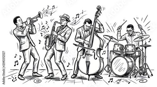 Billede på lærred Jazz Band Performing Live Music: Trumpet, Saxophone, Double Bass, Drums