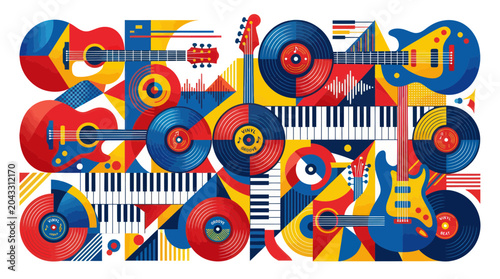 Foto Abstract Musical Instruments and Vinyl Records Collage, Geometric Retro Style
