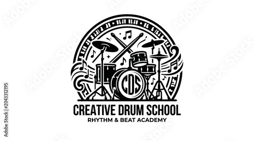 Fotografie Creative Drum School Logo: Drums, Sticks, Music Notes, Keyboard Border