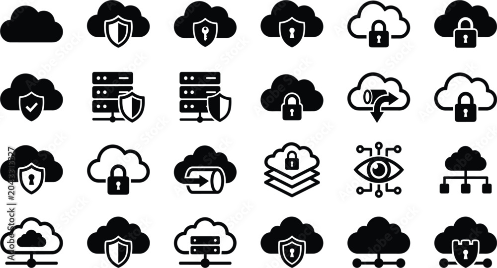 Obraz premium Cloud security and data protection glyph icon set with cloud lock, server shield, key, firewall, eye, layer, migration, and network symbols for cybersecurity and storage design