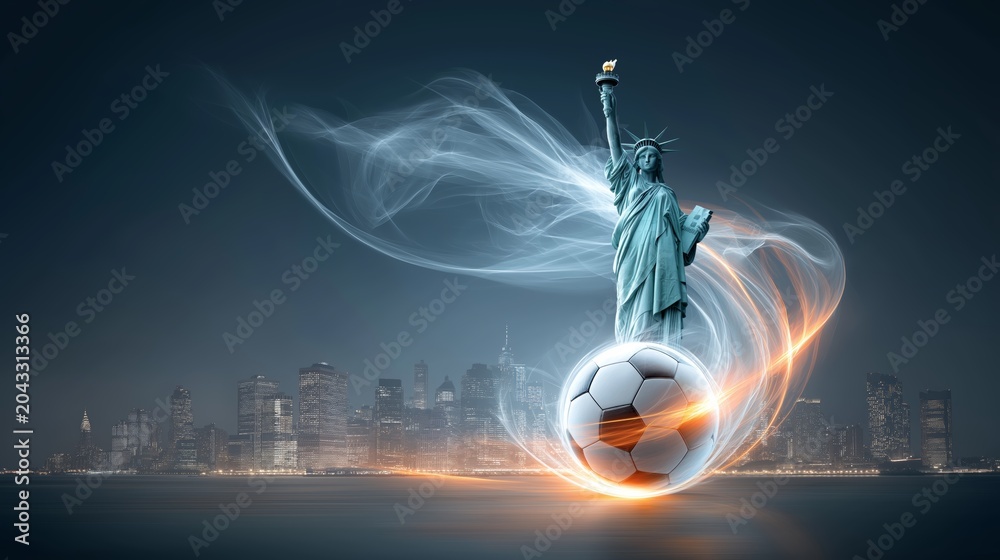 Obraz premium Dynamic composition of Statue of Liberty with glowing soccer ball and vibrant light trails representing sports excitement in New York City skyline at night