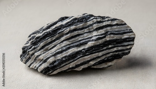 Studio shot of a biotite gneiss metamorphic rock specimen showing a distinct foliated texture, representing geological processes and earth science concept
