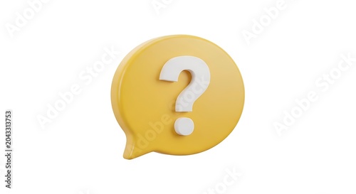 A three dimensional yellow speech bubble icon containing a white question mark on white background