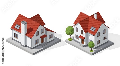 Two isometric views of a modern residential house with a vibrant red roof and white exterior wall