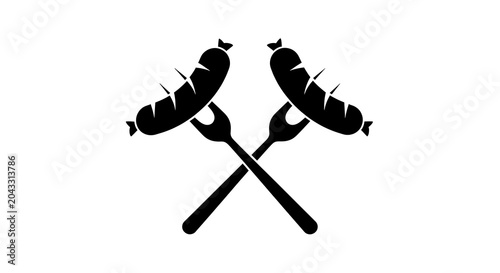 A minimalist black and white vector icon depicting two grilled sausages crossed on dinner forks