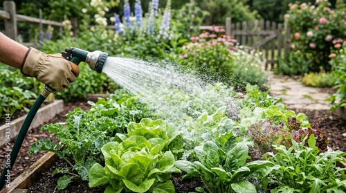 Watering lush garden greens with hand in protective glove gardening watering vegetables backyard