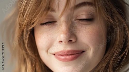 Close-up portrait of a young woman with natural freckles and messy hair, soft skin texture and neutral expression.