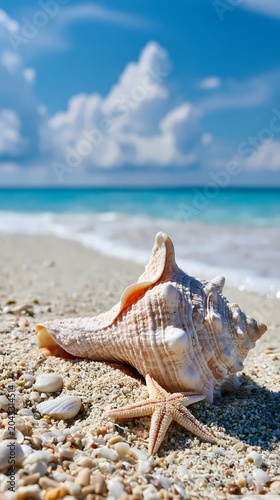 Large seashell and small starfish on a sandy beach with turquoise sea