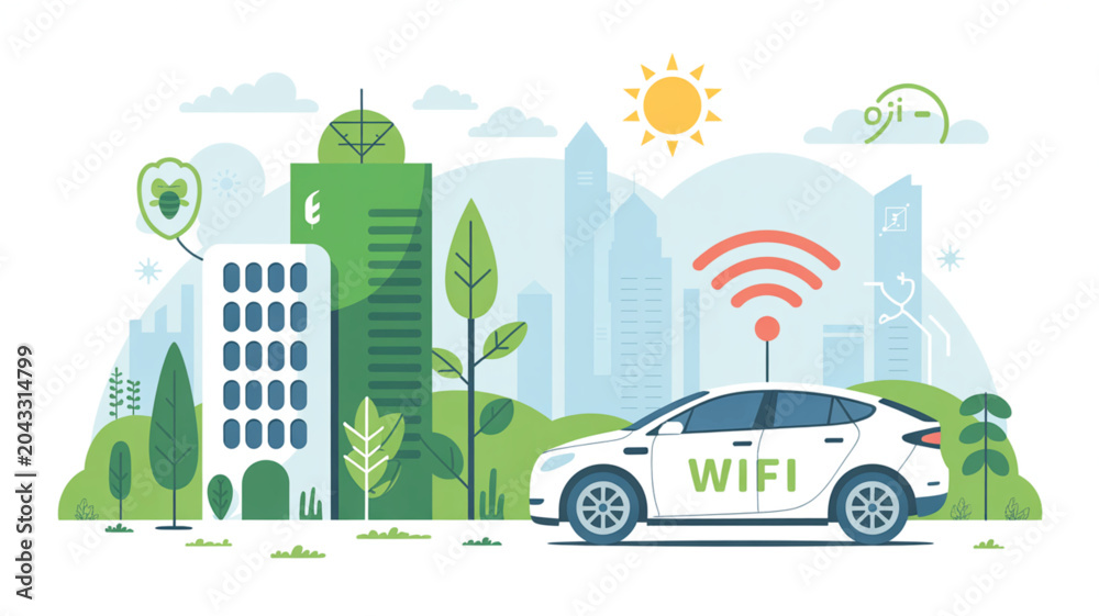 Obraz premium A white electric car with a WiFi antenna sits in a green city park next to buildings and trees under a bright sun.