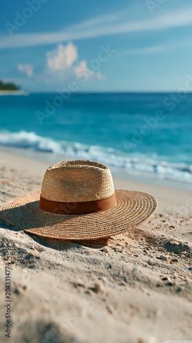 Straw hat lying on a sandy beach with blurred blue ocean background