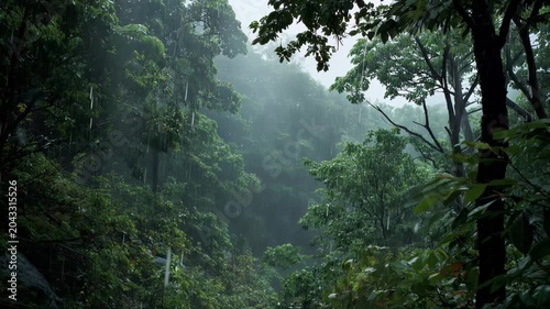 Rain falls on trees in a dense forest during late afternoon in a tropical region, creating a sound of nature and life among the greenery and foliage