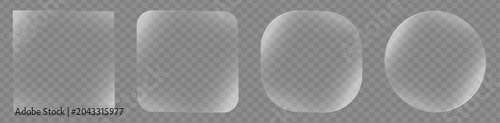 Set of four white frosted glassmorphism geometric panels with square and round frames on transparent background