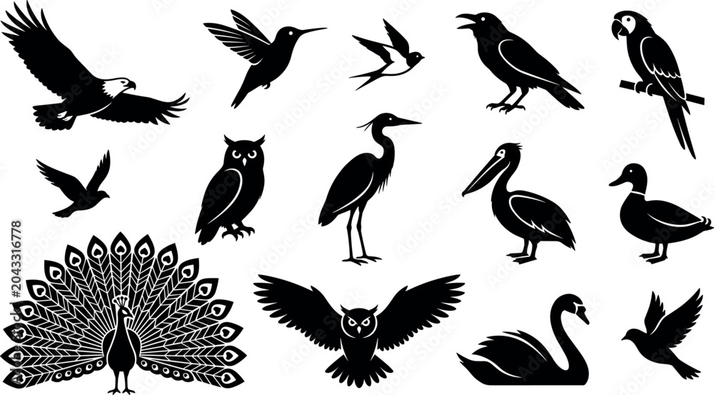 Fototapeta premium Diverse Wild Bird Black Silhouette Vector Set Featuring Eagle Owl Peacock Hummingbird Parrot and Swan Symbols for Nature Wildlife and Logo Designs