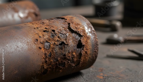 Close-up of heavy metal boiler tubes rusted through on a workshop table, representing damage, corrosion, and industrial wear for plumbing failure and maintenance concept