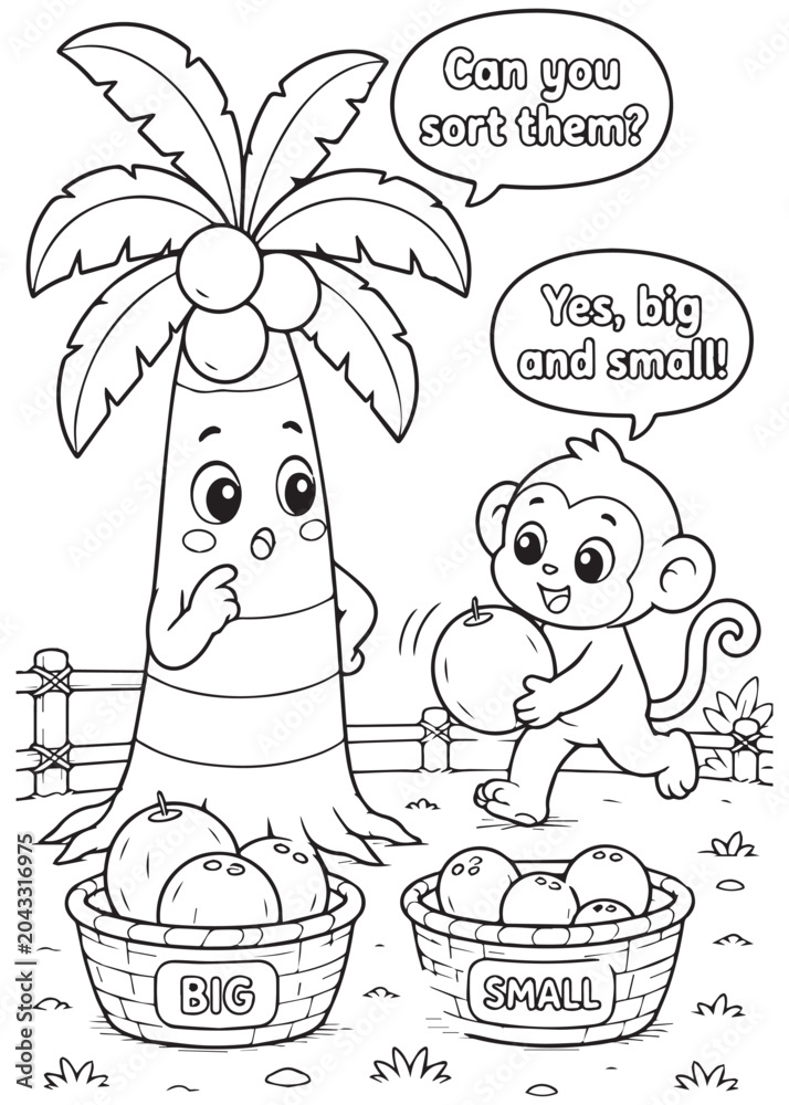 Fototapeta premium coloring book monkey sorting big and small coconuts with a smiling palm tree