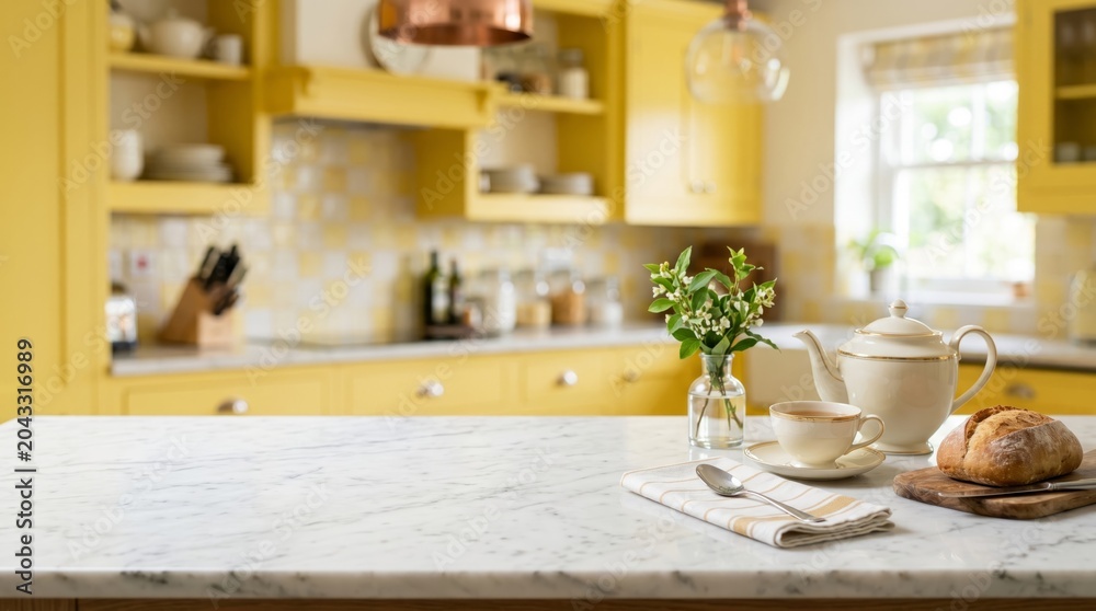 Fototapeta premium Yellow Kitchen with Marble Counter and Breakfast Setup for Home Decor