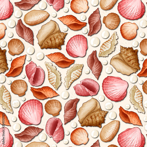 Retro hand drawn seashell mosaic pattern. Tropical summer background illustration. Vintage marine nature print. Patchwork style shell animal wallpaper texture.