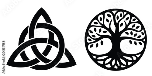 Set of two traditional spiritual symbols featuring a Celtic triquetra knot design and a sacred tree of life icon illustration.