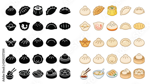 Foto Collection of various dumplings and dim sum icons, both in silhouette and colorful illustrations, representing Asian cuisine