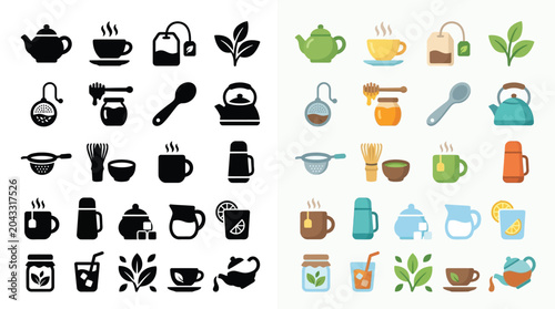 Fotografie Collection of colorful and black and white icons representing tea and coffee related items, perfect for graphic design