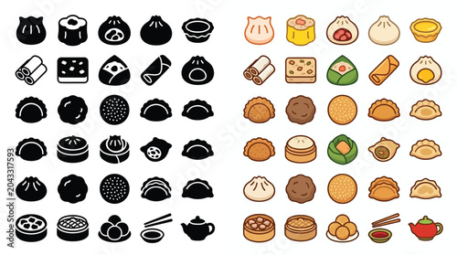 Foto Collection of diverse Asian dumplings and dim sum icons in both black and white and color versions