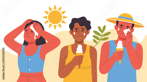 Three people wearing summer attire and a straw hat wipe sweat from their faces with white tissues while holding melting ice cream cones in a hot landscape.