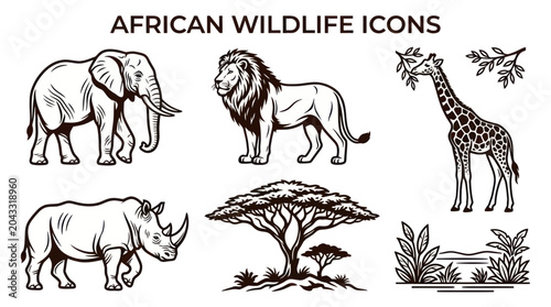 Photography African Wildlife Icons: Elephant, Lion, Giraffe, Rhino, Acacia Tree, Nature