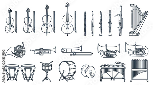 Bild auf Leinwand Orchestral Instruments Collection: String, Wind, Brass, Percussion, Harp
