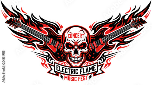 Foto Skull Electric Guitars Flames Concert Music Fest Logo Emblem