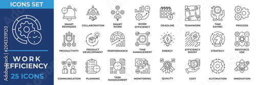 Work Efficiency icon collection set. Containing icon business, work, efficiency, smart, innovation, planning, process, time management and cost. Outline Vector Illustration.