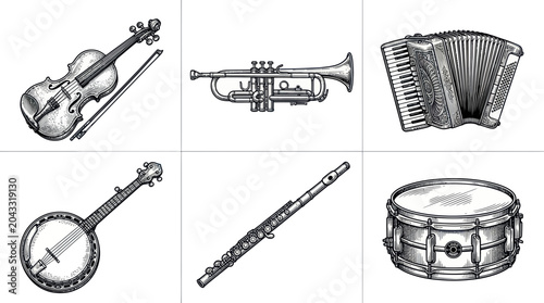 Obraz na płótnie Vintage Musical Instruments Collection: Violin, Trumpet, Accordion, Banjo, Flute