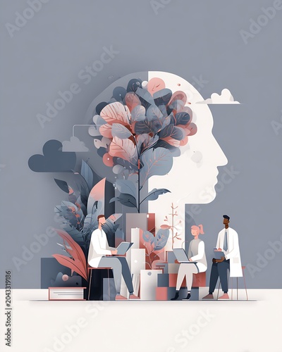 Conceptual illustration of teamwork and creative growth with a plant filled head silhouette and professionals collaborating on laptops