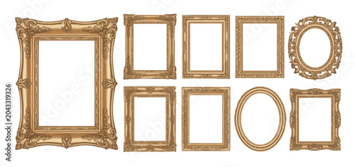 Foto Set of elegant golden vintage picture frames with intricate carvings and classic