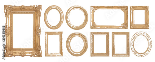 Foto Assorted antique golden picture frames with ornate carvings and vintage textures