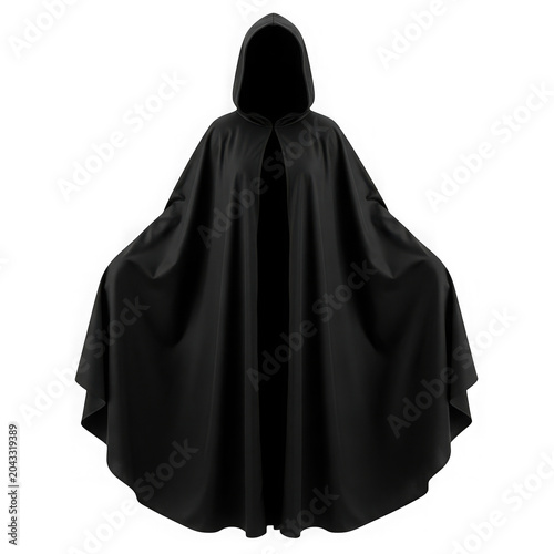 Black cape with intricate lace trim and hood