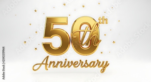 Golden 50th anniversary 3D text with stars on white background for jubilee celebration milestone event graphic design element.