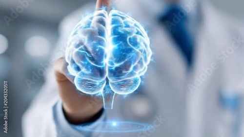 Doctor touching a glowing digital 3D human brain hologram, medical technology and healthcare innovation concept.