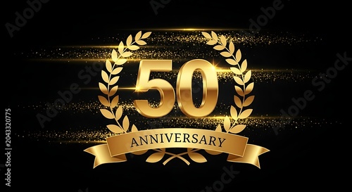 Golden 50th anniversary emblem featuring laurel wreath and ribbon on black background with sparkling light effects for celebration events