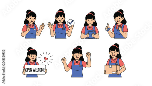 Collection of female store employee characters in blue aprons performing various tasks from holding signs to delivering packages.