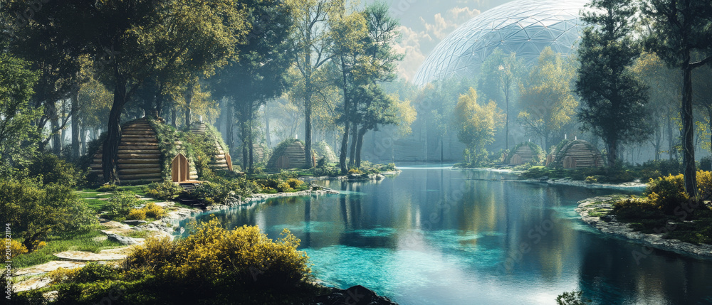 Obraz premium Beautiful forest lake features crystal clear water and green trees. Peaceful forest lake scenery offers calm natural landscape. Sunny summer day at mountain lake with blue water surface.