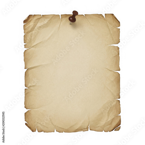 Old paper with pin attached on a wooden surface