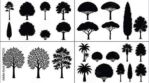 Bild auf Leinwand Collection of diverse tree silhouettes featuring palm trees pines oaks and decor