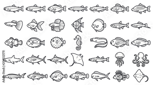 Foto Diverse Hand-Drawn Fish Collection Vector Art
