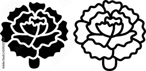Traditional Peony Blossom Silhouette and Outline Graphic Element