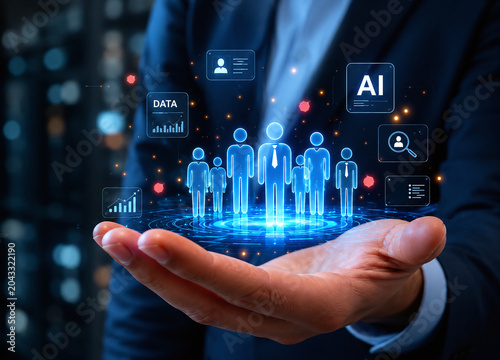 Businessman holding a digital hologram of people and AI icons, representing human resources recruitment, data analytics, and talent management technology concept in a modern corporate office.