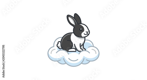 Canvas Print Cute Black and White Bunny Sitting on a Fluffy Cloud, Cartoon Style