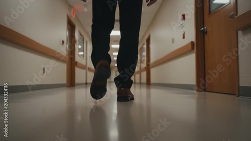 A low-angle tracking shot follows a man in brown leather shoes walking down a long, brightly lit hospital hallway. The steady pace suggests a sense of purpose within the medical facility.